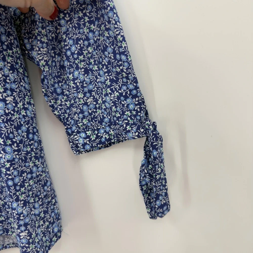 Rose & Thyme Floral Blouse Tie Sleeve V-Neck Blue M Cottagecore Boho Peasant